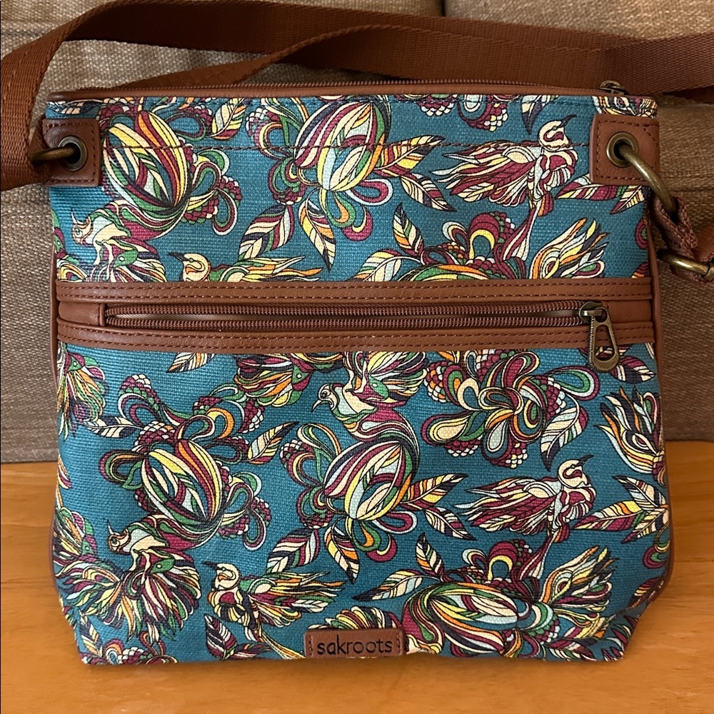 New Sakroots Vibrant Crossbody Bag Teal Birds Pattern - Picture 2 of 4